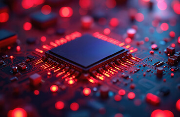Fototapete - Abstract high tech circuit board, glowing red blue lights. Modern digital technology network, computing, data processing system concept. Electronic hardware information, innovation. Futuristic design.
