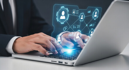 Fototapete - Person typing on a laptop with a glowing social network interface overlayed on the screen area