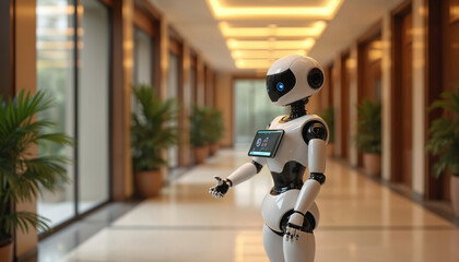 Poster - Modern service robot in hotel hallway. AI-powered, offering assistance, information. Contemporary design, clean aesthetic, futuristic tech. Smart building, hospitality, automation, customer