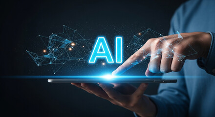 Fototapete - Hand interacting with ai on tablet with digital network and glowing blue letters and lines effect