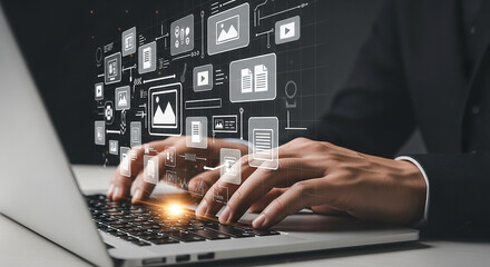 Fototapete - Person typing on a laptop with floating media icons above the keyboard in a dark environment