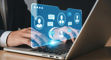 Fototapete - Person typing on laptop with social media icons overlayed on screen interface and business suit on