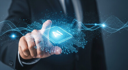 Poster - A hand touching a glowing ai chip with circuit board patterns and digital wave background effect design