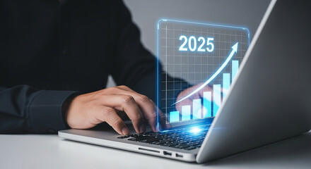 Poster - Business growth forecast for 2025 analysis and financial planning with data analytics on laptop screen