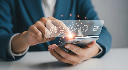 Poster - Customer experience survey online feedback rating satisfaction on mobile phone app interface concept