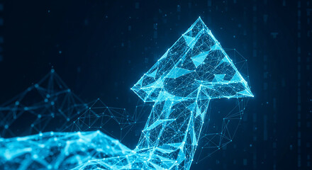 Poster - Blue digital arrow pointing up concept for business growth and success technology background design 3d render