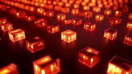 glowing geometric cubes create a vibrant red pattern against a dark backdrop, creating a mesmerizing