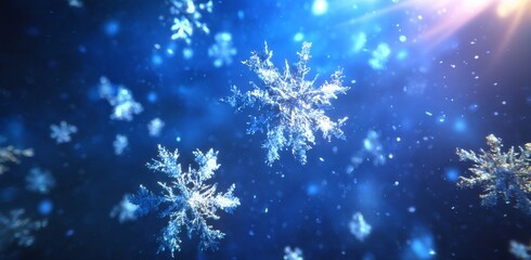 Poster - Glowing Snowflakes Gently Falling on a Blue Background with Beautiful Sparkles and Ethereal Light Effects