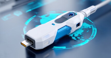 Poster - Blue and White Electrical Cable with USB Type-C Port on Digital Background Featuring Modern Technology Elements