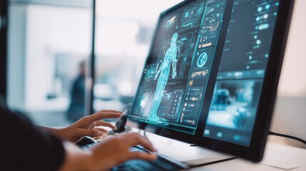 A person works with advanced computer technology displaying a human body scan