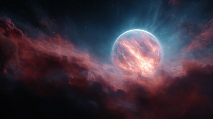 glowing planet in cosmic nebula