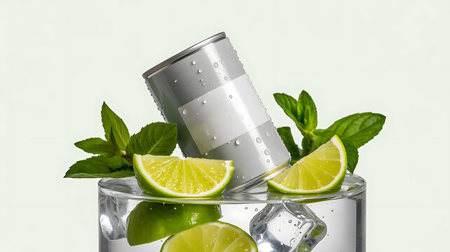A tin can immersed in a fresh, vibrant mojito-inspired composition, mockup design, Blank bottle can surrounded by lemon slices, created with generative ai