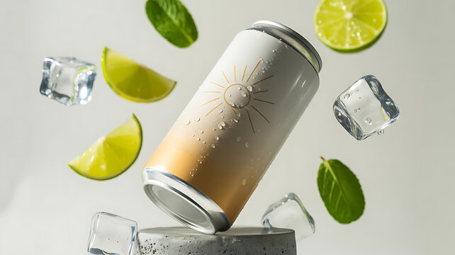 A tin can immersed in a fresh, vibrant mojito-inspired composition, mockup design, Blank bottle can surrounded by lemon slices, created with generative ai