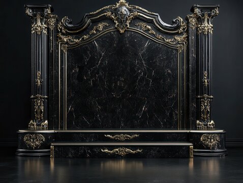 high definition picture of 3D rendering of a black and gold stage display or podium for displaying products, high detail, 8k