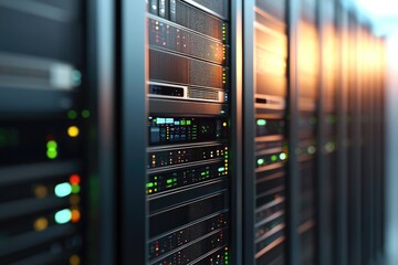 Poster - High-tech data center with glowing server rack lights and advanced network equipment, ideal for illustrating cybersecurity, cloud infrastructure, or modern IT operations