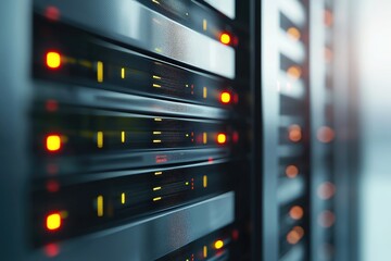 Poster - High-performance server rack with glowing red and yellow lights in a secure data center, suitable for topics on IT monitoring, cloud infrastructure, or digital technology systems