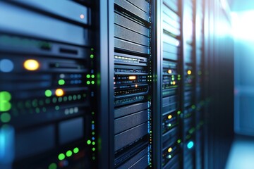 Poster - Modern data center server rack with colorful LED indicators and high-performance hardware, ideal for illustrating cloud computing, IT infrastructure, or cybersecurity concepts