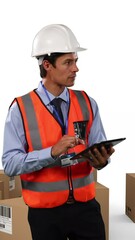Poster - Animation of male architect using tablet with stacks of boxes on white background