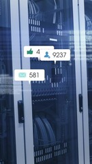 Poster - Animation of social media icons and numbers on banners over computer servers