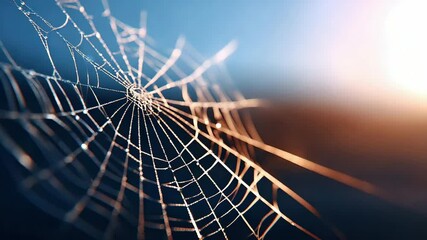 Spider web with morning dew glistening sunlight, delicate silk threads create intricate pattern, nature background, peaceful and serene atmosphere, close up macro photography, beautiful wild
