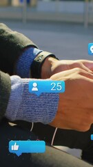 Poster - Animation of social media icons falling over person using smartphone
