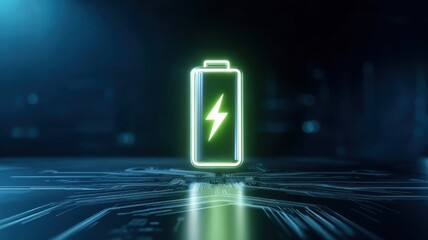 Poster - Green electric battery technology for energy storage. Battery icon glowing with electric energy on a digital background