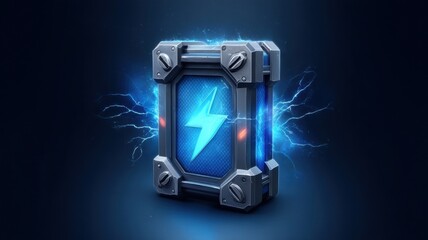 Poster - Green electric battery technology for energy storage. Electric energy box with glowing effects and lightning symbol.