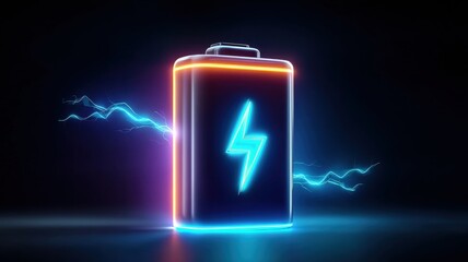 Poster - Green electric battery technology for energy storage. Glowing battery with lightning effects against a dark background.
