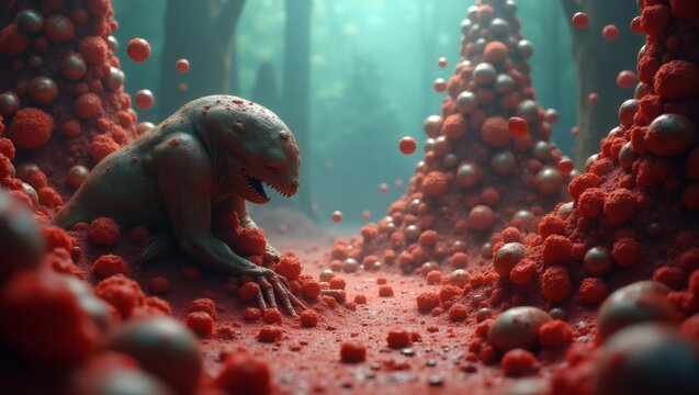 a mysterious creature surrounded by a swarm of red orbs in a forest setting. The creature appears to be in a contemplative state, surrounded by organic structures and a surreal.
