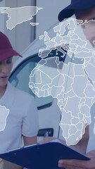 Poster - Animation of world map over caucasian deliverers talking and smiling