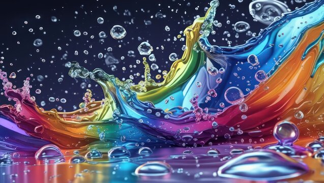 Colorful liquid splashes and bubbles create a vibrant abstract design.