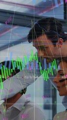 Poster - Animation of graphs and data processing over caucasian business colleagues in busy office