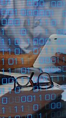 Poster - Animation of data processing over african american businessman using tablet