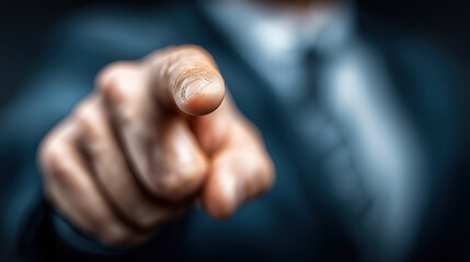 Poster - Close-up of a Male Hand Extending an Index Finger in a Business Suit Indicating Direction with a Dark Background