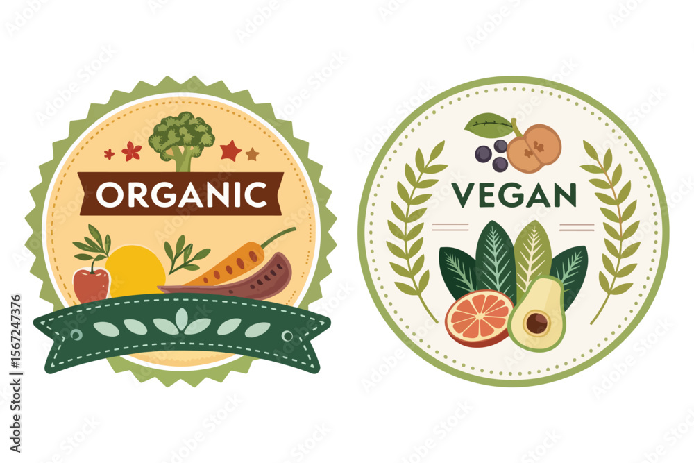 Organic and Vegan Food Labels natural and Health Badges Healthy Food ...