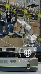 Poster - Animation of network of conncetions with icons over robotic arms with boxes in warehouse