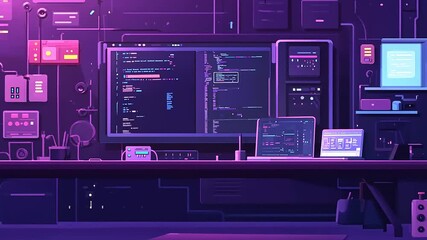 Futuristic coding workspace with multiple screens displaying programming code and digital tools