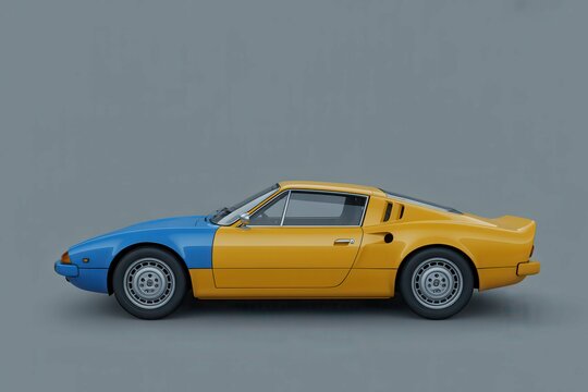 a yellow and blue sports car on a gray background, with empty blank space for text copy space or mockup design, high detail, 8k