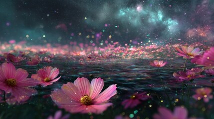 Wall Mural - Pink Cosmos Flowers Floating on Glowing Water Under a Starry Night Sky