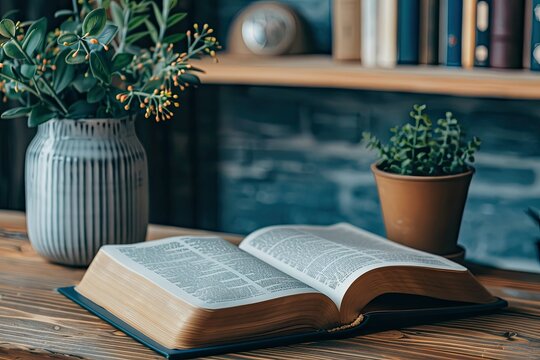 Flawless Picture of Reading and Education Learning Concept Opened Book or Bible on Desk