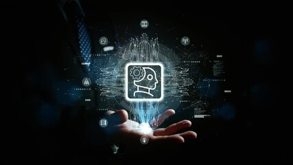 Poster - Modern AI brain icon with circuit lines and digital symbols hovering above a businessman’s hand, perfect for tech, machine learning, and innovation themes. Artificial Intelligence background concept