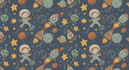 A charming hand-drawn seamless pattern featuring cute astronauts, rockets, and planets floating in a whimsical outer space cosmos.