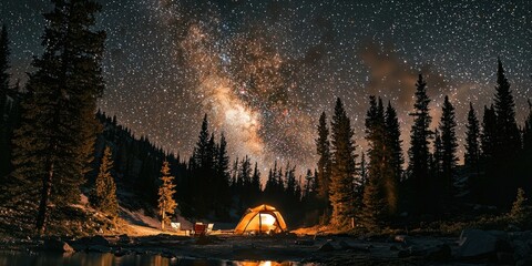 Wall Mural - A breathtaking long-exposure shot capturing the movement of stars above a forest campsite