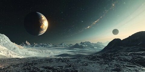 Wall Mural - A breathtaking view of multiple planets and moons aligning in a distant solar system