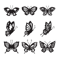 Poster - A collection of nine butterfly silhouettes each with unique wing patterns arranged in a 3x3 grid on a white background