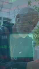Poster - Animation of financial data processing over caucasian man using smartphone