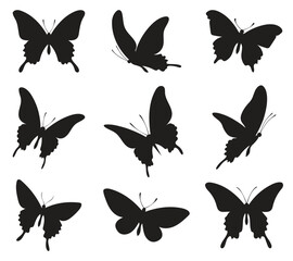 Poster - Black silhouette butterflies arranged in a 3x3 grid on a white background