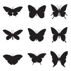 Poster - Nine black butterfly silhouettes arranged in a 3x3 grid on a white background
