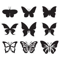 Poster - Nine black butterfly silhouettes in three rows various shapes and wing designs