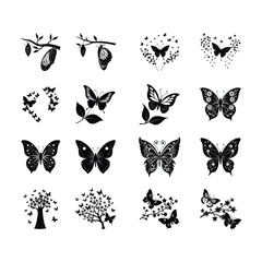 Poster - Silhouetted butterflies in various designs some with floral or branch elements arranged in a grid